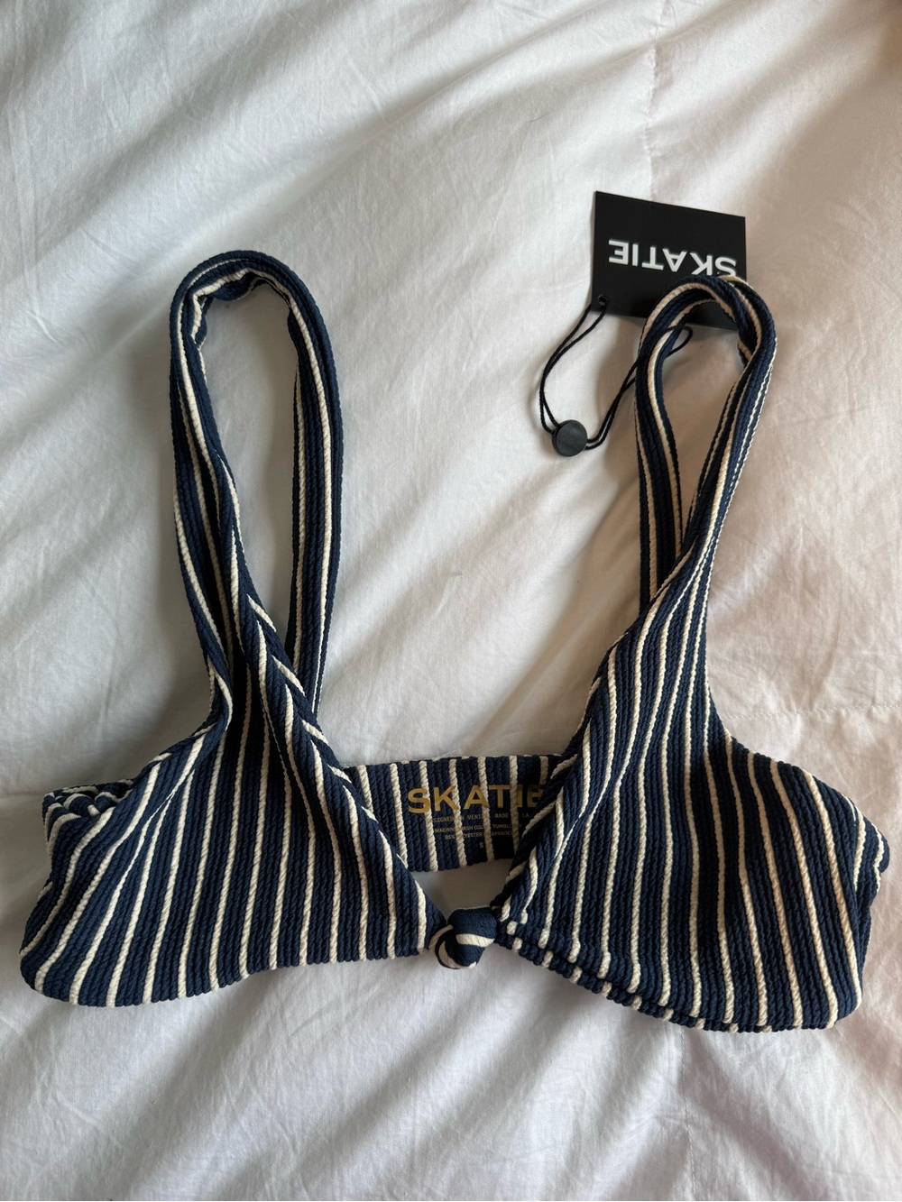 Skatie Navy & Cream Striped Ribbed Bikini Top with Front Knot